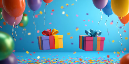 A vibrant background with rainbow-colored gift boxes, set against a bright blue backdrop with balloons and confetti.の素材