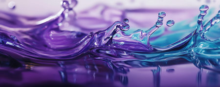 A vivid purple and teal oil liquid splash with twisting shapes and reflective surfaces, creating a surreal and energetic scene.の素材