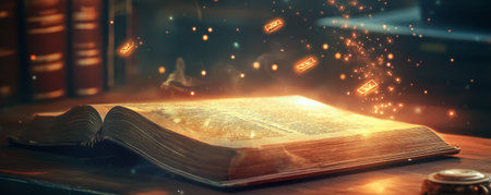 A glowing book lying on a wooden desk, with shimmering symbols rising from the pages and floating into the air.の素材