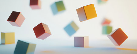 Multi-colored cubes floating slightly above a smooth white surface, their reflections creating a futuristic, abstract pattern.の素材