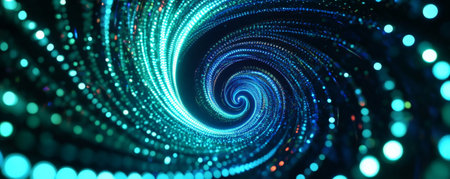Neon blue and green light trails swirling together in an intricate spiral pattern on a black background, creating a futuristic feel.の素材
