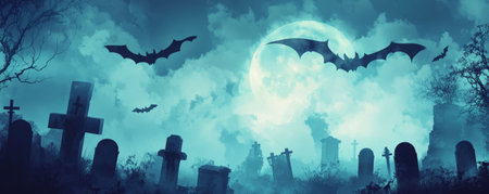 An eerie Halloween graveyard scene with fog creeping over tombstones, and bats flying across the moon.の素材