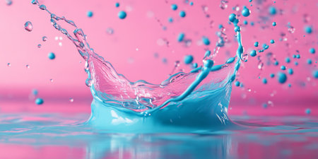 A turquoise and pink oil liquid splash twisting together in mid-motion, with droplets scattering across the scene.の素材