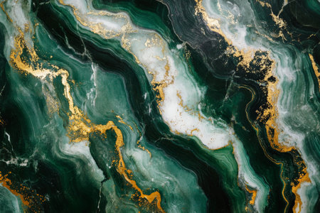 A vibrant green marble background with bold white and gold veins creating an abstract pattern full of energy.の素材