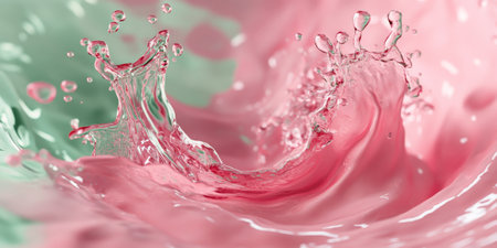 A swirling pink and green oil splash with droplets flying outward, captured in mid-motion to highlight the fluid dynamics.の素材