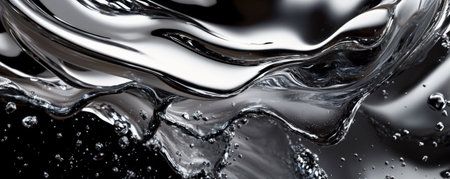 A sleek silver and black oil splash in high contrast, creating a glossy, abstract visual with dynamic motion.の素材