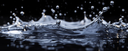 A metallic silver oil liquid splash with droplets suspended in mid-air, glowing softly against a black background.の素材