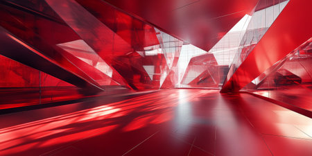 A high-tech, futuristic red room with transparent glass floors, floating geometric structures, and red light beams casting dramatic shadows on the metallic surfaces.の素材
