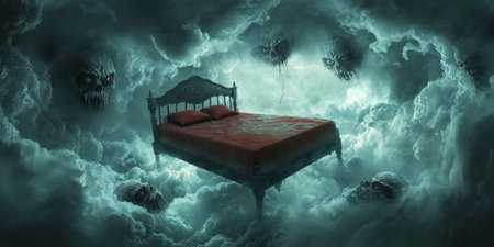 A child's bed floating in a nightmarish sky filled with swirling clouds and monstrous faces peering out from the darkness.の素材