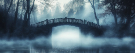 A creepy, fog-covered bridge in the middle of a haunted forest, with shadows moving beneath the misty water below.の素材