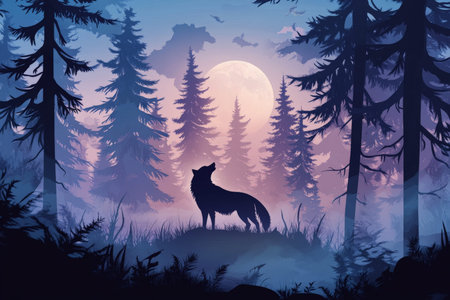 A lone wolf howling at the moon, its body blending into the outlines of a shadowy forest in twilight.の素材