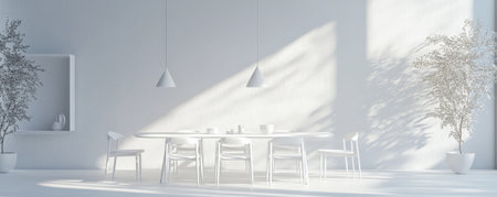 A minimalist 3D white dining room with geometric furniture and soft shadows from overhead lighting, creating a modern, abstract vibe.の素材
