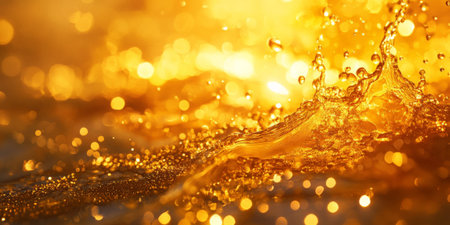 A radiant gold oil splash with droplets reflecting light, creating a luxurious and elegant abstract visual.の素材