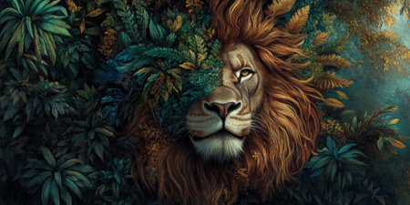 A proud lionÃ¢â¬â¢s face blending with a tropical forest, its mane transforming into the treetops and branches.の素材