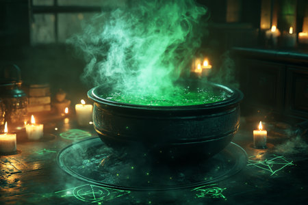 A witch's cauldron bubbling over with green smoke, surrounded by glowing candles and black magic symbols on the floor.の素材