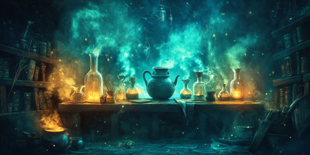 A witchÃ¢â¬â¢s potion table with glowing bottles, bubbling cauldrons, and ancient spell books surrounded by swirling mist.の素材