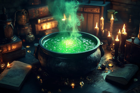 A witch's cauldron bubbling over with green potion, surrounded by black candles and old spell books in a dark, creepy room.の素材