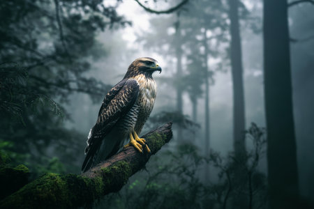 A majestic hawk perched on a tree branch, its body blending into the shadows of a dense, foggy forest.の素材