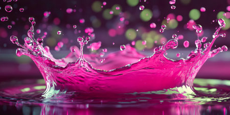 A vivid pink and green oil splash frozen mid-motion, with droplets flying outward in dynamic arcs.の素材