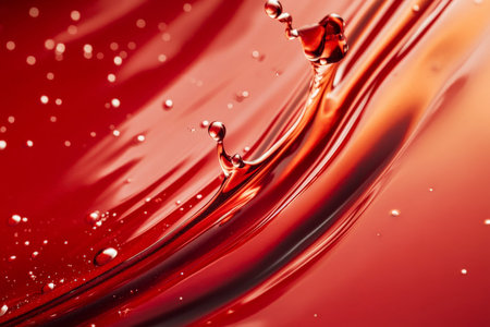 A vivid red oil liquid splash captured in high detail, with droplets flying outward and swirling lines of color.の素材