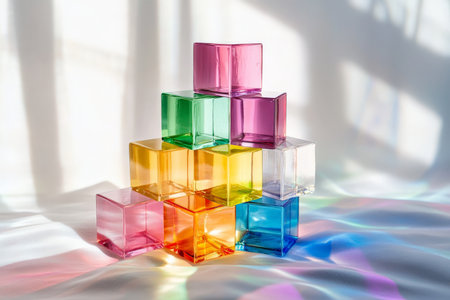 Stacked multi-colored cubes arranged in an uneven tower on a soft, light surface, with the light catching the edges and creating vibrant reflections.の素材