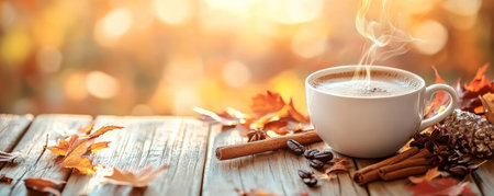 A cozy autumn background with a steaming cup of coffee, scattered maple leaves, and cinnamon sticks, set on a warm-toned wooden table under a soft autumn light.の素材