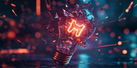 A conceptual design with a lightbulb shattering into small glowing pieces, surrounded by bright neon lines, representing a breakthrough idea.の素材