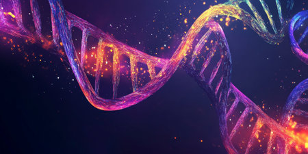 A conceptual design with multiple colorful DNA strands swirling together, glowing against a dark gradient background.の素材