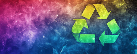A creative background with a large recycling icon in vibrant, overlapping colors like green, blue, and purple, with a glossy, high-shine finish.の素材