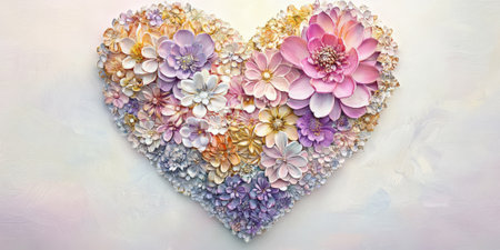 A heart-shaped floral mandala design, with intricate layers of petals in shades of pink, purple, and gold, set against a soft white background.の素材