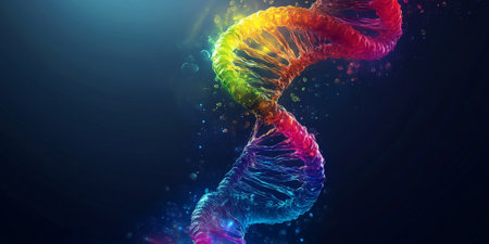 A glowing DNA strand made of swirling light in vibrant rainbow colors, floating against a dark gradient background.の素材