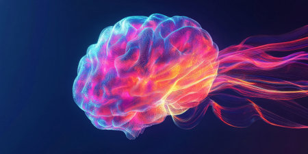 A minimalistic background featuring a large, glowing brain in neon colors, with dynamic lines representing the flow of ideas and inspiration.の素材