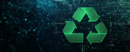 A high-tech design featuring a glowing, digital recycling symbol in neon green, with a dark, textured background and subtle futuristic patterns.の素材