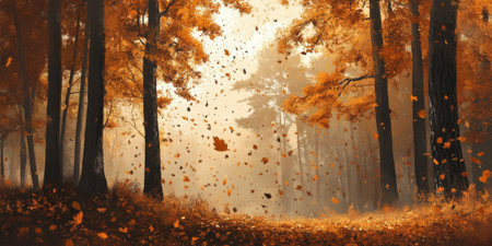 A misty autumn forest with tall trees in shades of amber and gold, with falling leaves creating a dynamic, atmospheric design.の素材