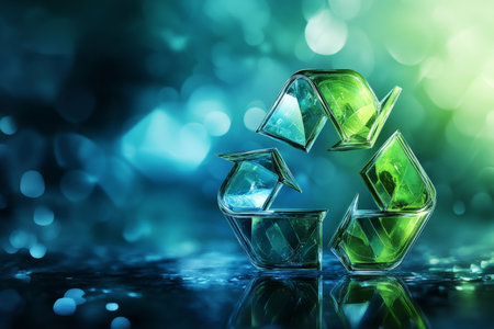 A modern recycling-themed background featuring a large icon made of transparent, layered glass in green and blue, with a sleek, reflective finish.の素材