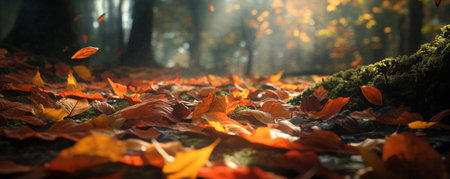 A nature-inspired autumn background featuring a close-up of colorful leaves on a forest floor, with soft sunlight filtering through, casting gentle shadows.の素材