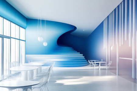 A modern 3D interior with gradient blue walls, transitioning from deep indigo to light sky blue. Sleek white furniture and sharp lighting accentuate the futuristic design.の素材