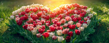A heart-shaped flower bed filled with tulips in shades of red, pink, and white, surrounded by green grass and soft sunlight filtering through.の素材
