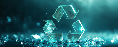 A dynamic background with a futuristic recycling symbol in holographic green and blue, with a sleek, reflective surface that enhances the modern look.の素材