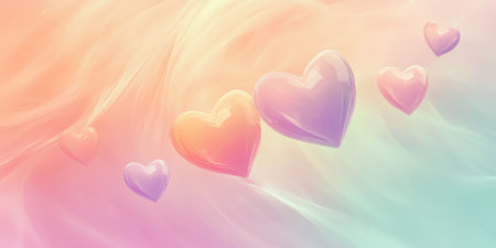 A dreamy love symbol design with floating hearts in soft, pastel shades of peach, lavender, and mint, set against a smooth, gradient backdrop.の素材