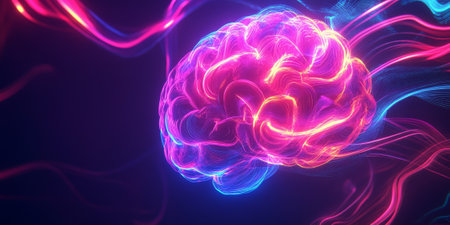 A creative background with a glowing brain made of swirling, neon-colored lines, set against a dark, glossy backdrop to symbolize inspiration.の素材