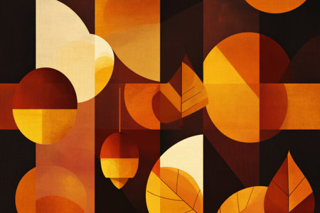 A geometric autumn-inspired design featuring abstract shapes of leaves and acorns, arranged on a warm-toned gradient background.の素材