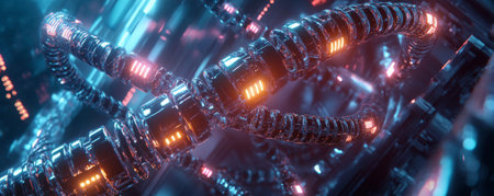 A futuristic background with multiple glowing DNA strands made of metallic shapes and neon lights, set against a high-tech, glossy surface.の素材