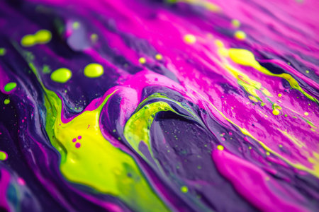A high-energy burst of neon paints in electric purple, lime green, and hot pink, with a glossy finish that creates a vivid and electrifying effect.の素材