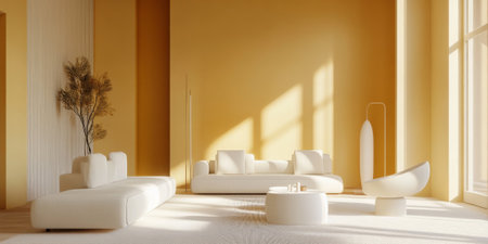 A 3D interior with soft, muted yellow walls and white furniture. The light colors and minimalist design create a bright, airy space with a modern, peaceful atmosphere.の素材
