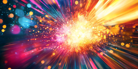 A dynamic background featuring a burst of colorful, overlapping light beams and abstract shapes, symbolizing the explosion of creative ideas.の素材