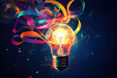 A conceptual design with a glowing lightbulb made of colorful, flowing ribbons, symbolizing creative ideas and inspiration.の素材