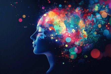 A serene background featuring a human head silhouette filled with glowing, abstract shapes and bright colors, representing creativity and innovative thinking.の素材