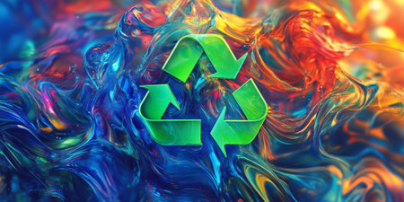 A vibrant background with a 3D recycling icon in bright green and blue, surrounded by abstract, swirling patterns and dynamic textures.の素材