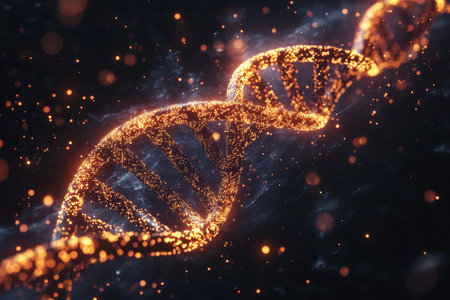 A conceptual background with a glowing DNA strand made of small, bright neon particles and swirling lines of light, set against a black backdrop.の素材